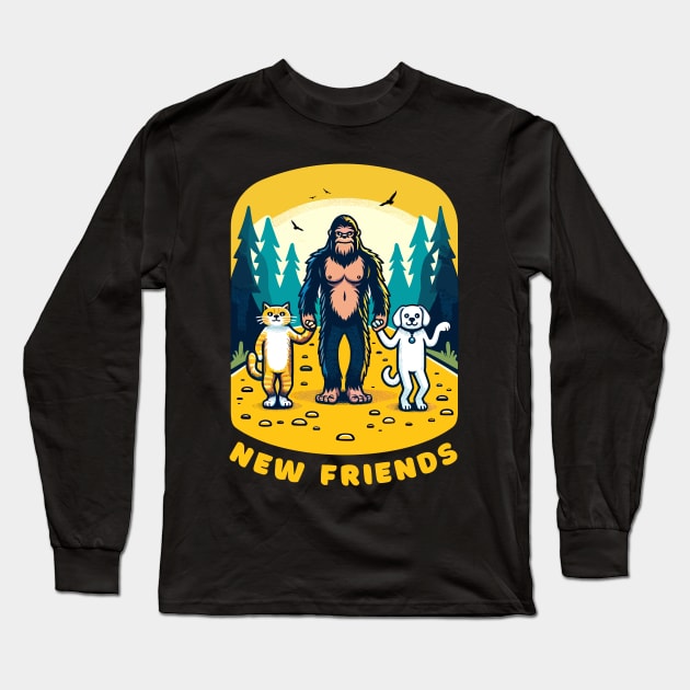 Big Foot Sasquatch becomes friends with a cat and a dog, funny t-shirt for lovers of cats, dogs and the outdoors. Long Sleeve T-Shirt by Cat In Orbit ®